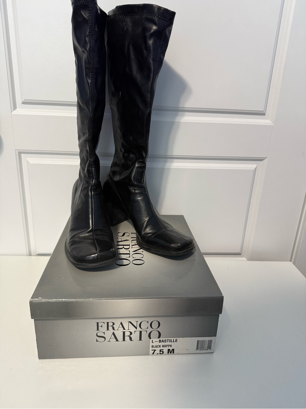 Vintage Y2K Franco Sarto Black Knee-High Leather Block-Heel Boots
